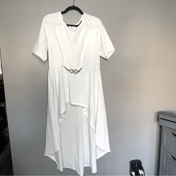 Ashley Stewart Elegant White Dress with Gold Accent Belt - Picture 1 of 5